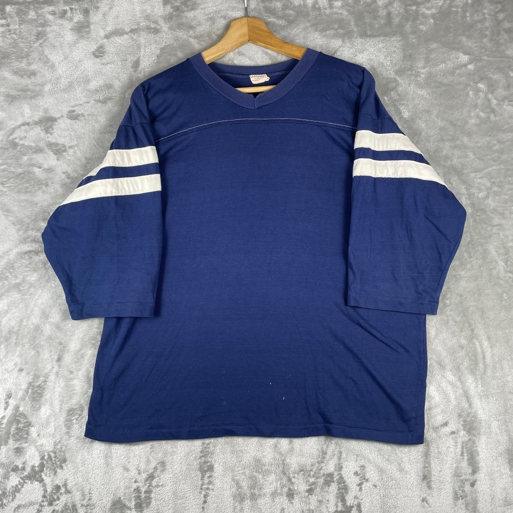 Vintage 70s Football Jersey Mens XL Blue Striped Sleeve Sportswear T-Shirt Blend